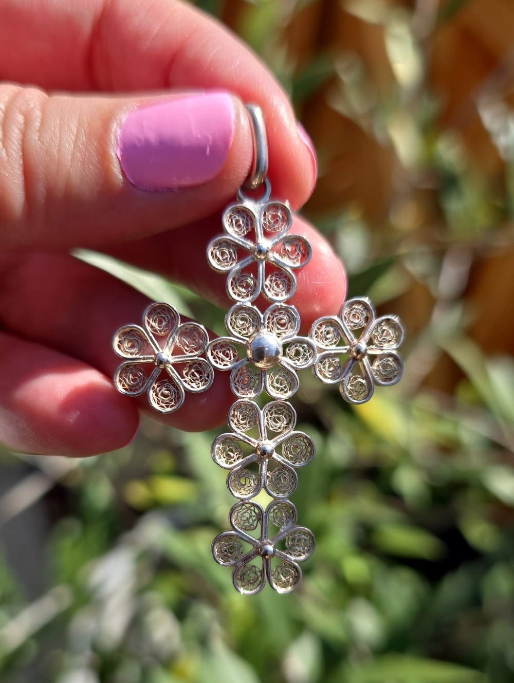 Floral Filigree Cross Pendant Necklace - Sterling Silver